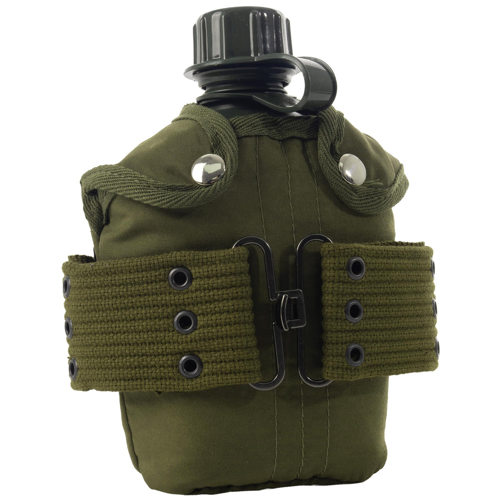 Rothco felt-lined canteen cover with snap closure protects contents.