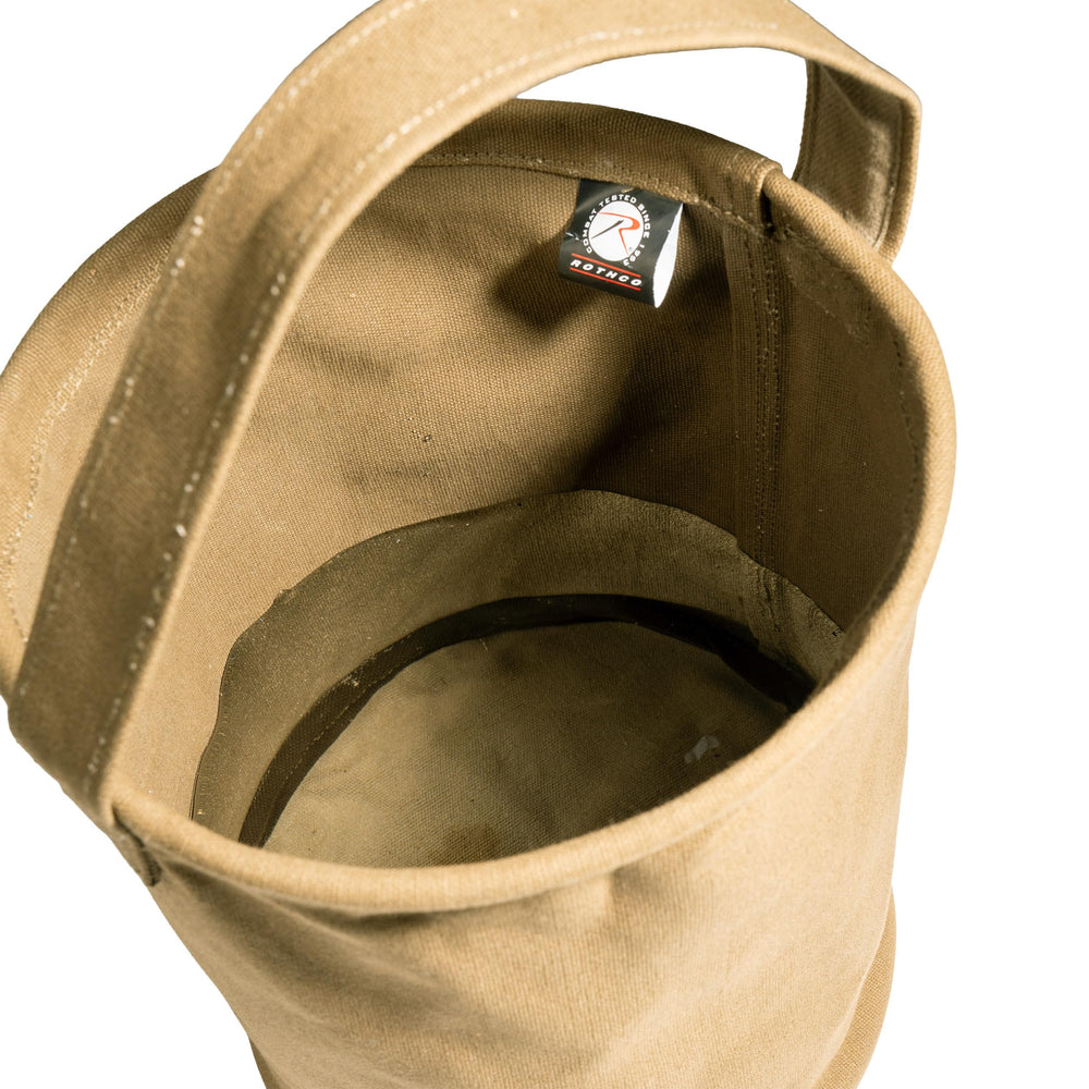 Rothco canvas water bucket shown as versatile outdoor carrier for water or tools