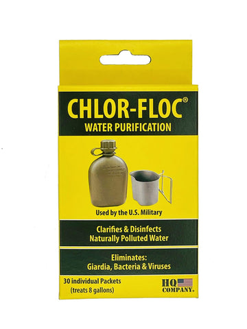 Rothco Chlor-Floc 30-pack box for on-the-go water purification during outdoor trips.