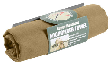 Rothco Coyote Brown microfiber towel rolled for compact travel and quick drying.