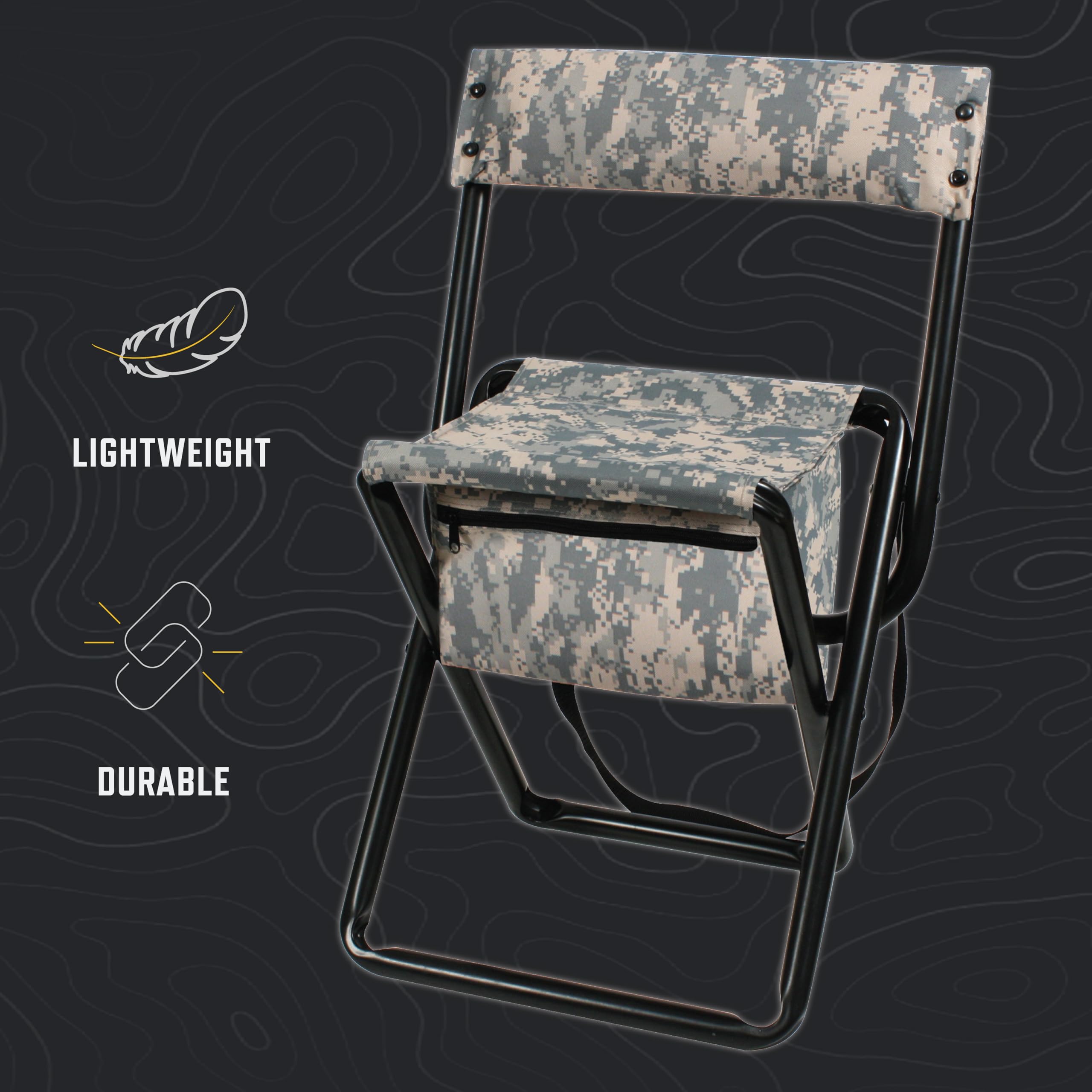 Rothco Deluxe folding stool storage-pouch keeps essentials secure close at hand.