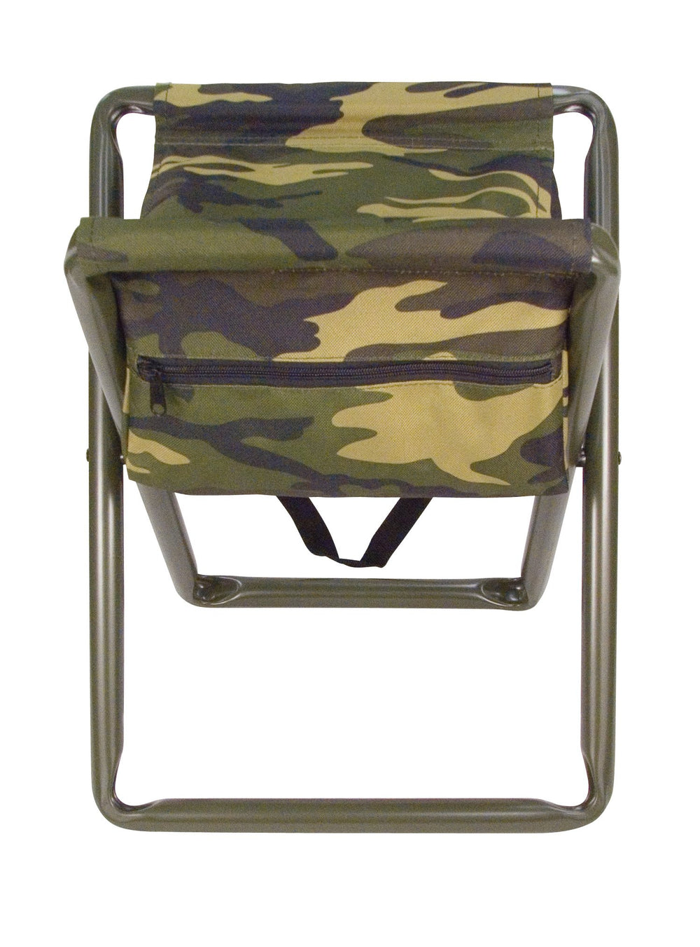 Rothco Deluxe Stool with Pouch in woodland camo provides portable seating for camping and gear access.