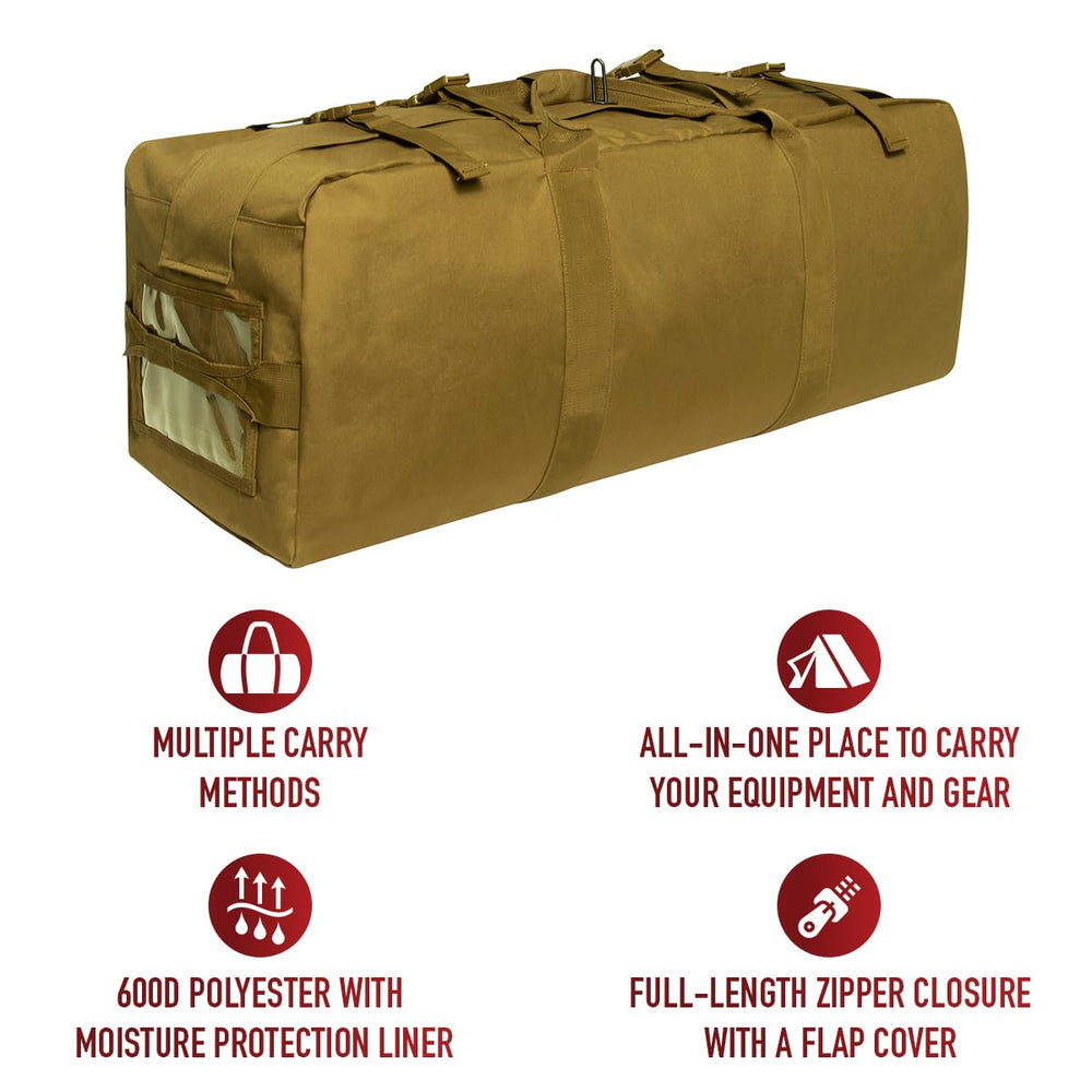 Rothco Enhanced Duffle Bag in coyote brown ready for rugged travel.
