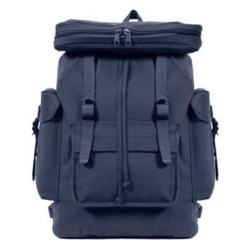Rothco Canvas European Style Rucksack Navy, front view, rugged everyday carry with ample organization.
