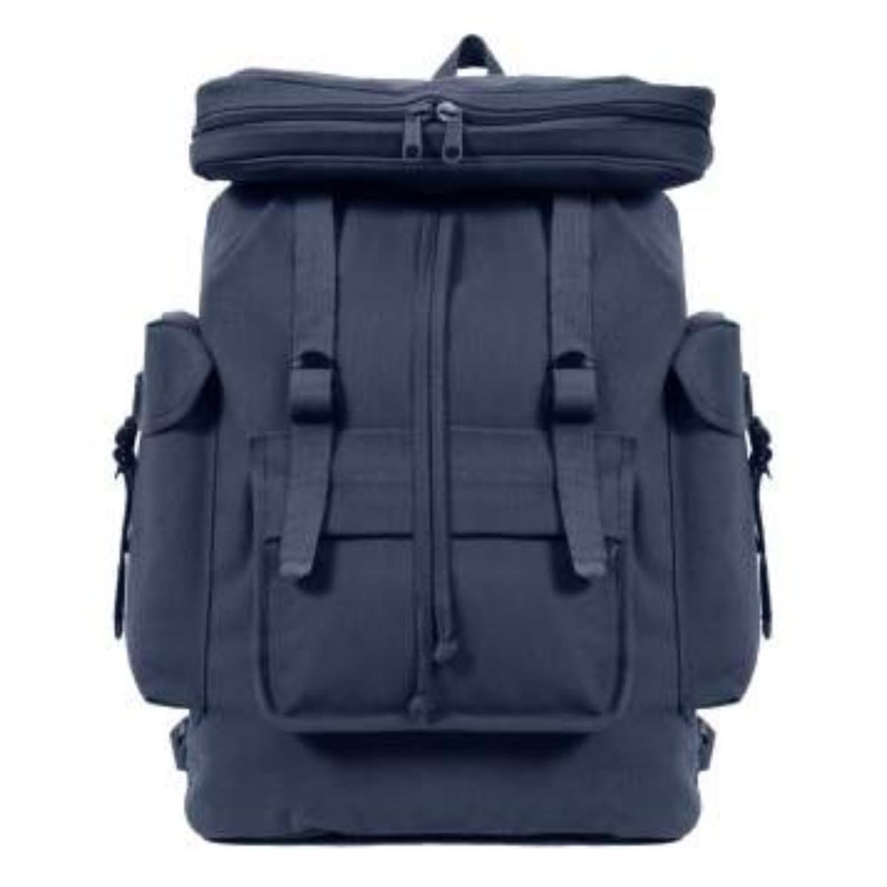 Rothco Canvas European Style Rucksack Navy, front view, rugged everyday carry with ample organization.