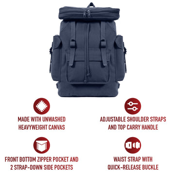 Rothco Canvas European Style Rucksack Navy, side view, versatile pack for travel and daily use.