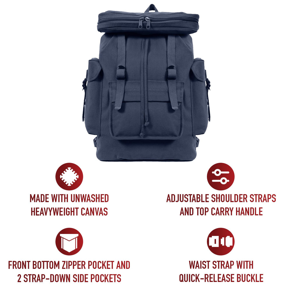 Rothco Canvas European Style Rucksack Navy, side view, versatile pack for travel and daily use.