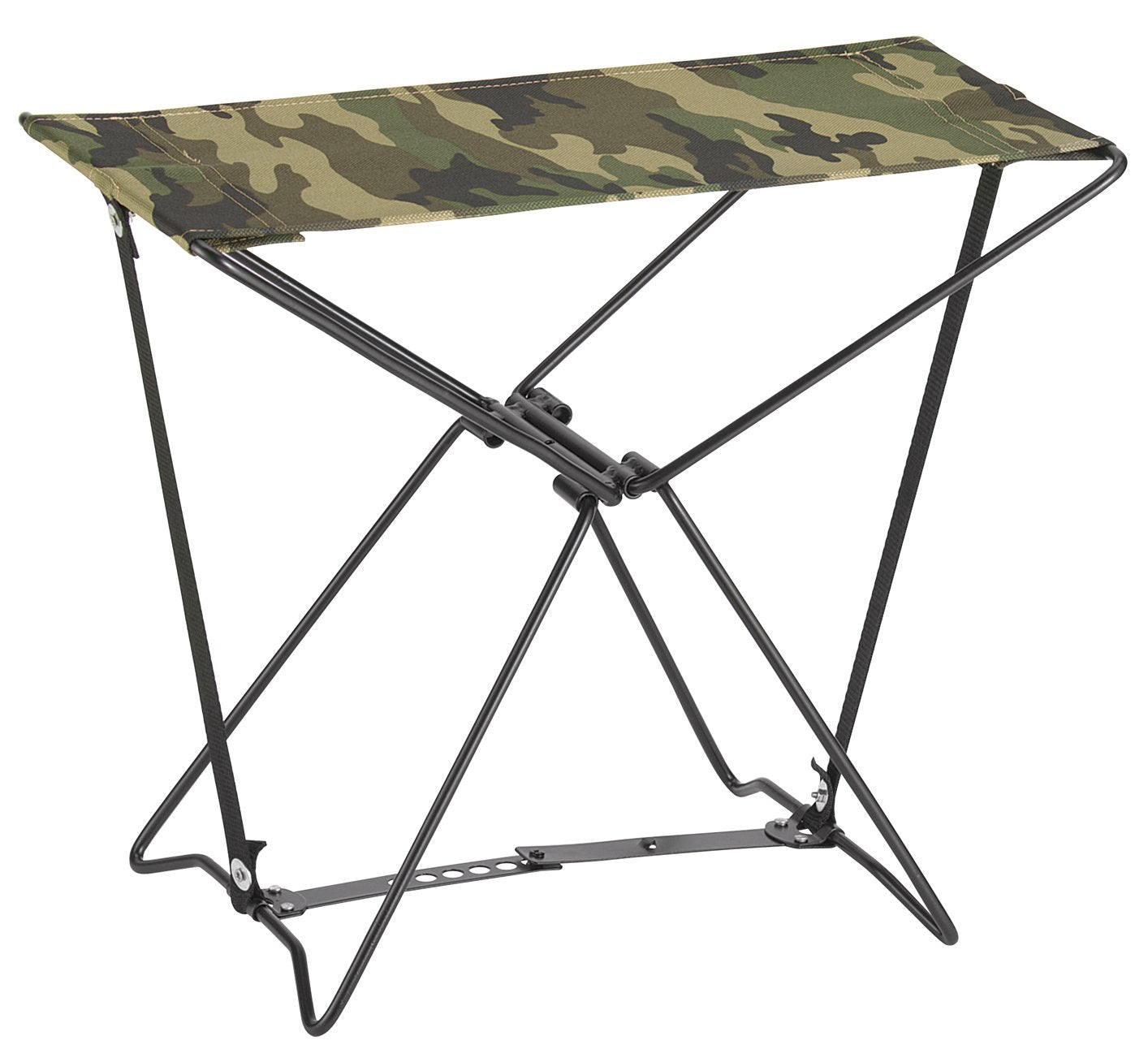 Rothco folding camp stool in woodland camo offers portable seating for camping and events.
