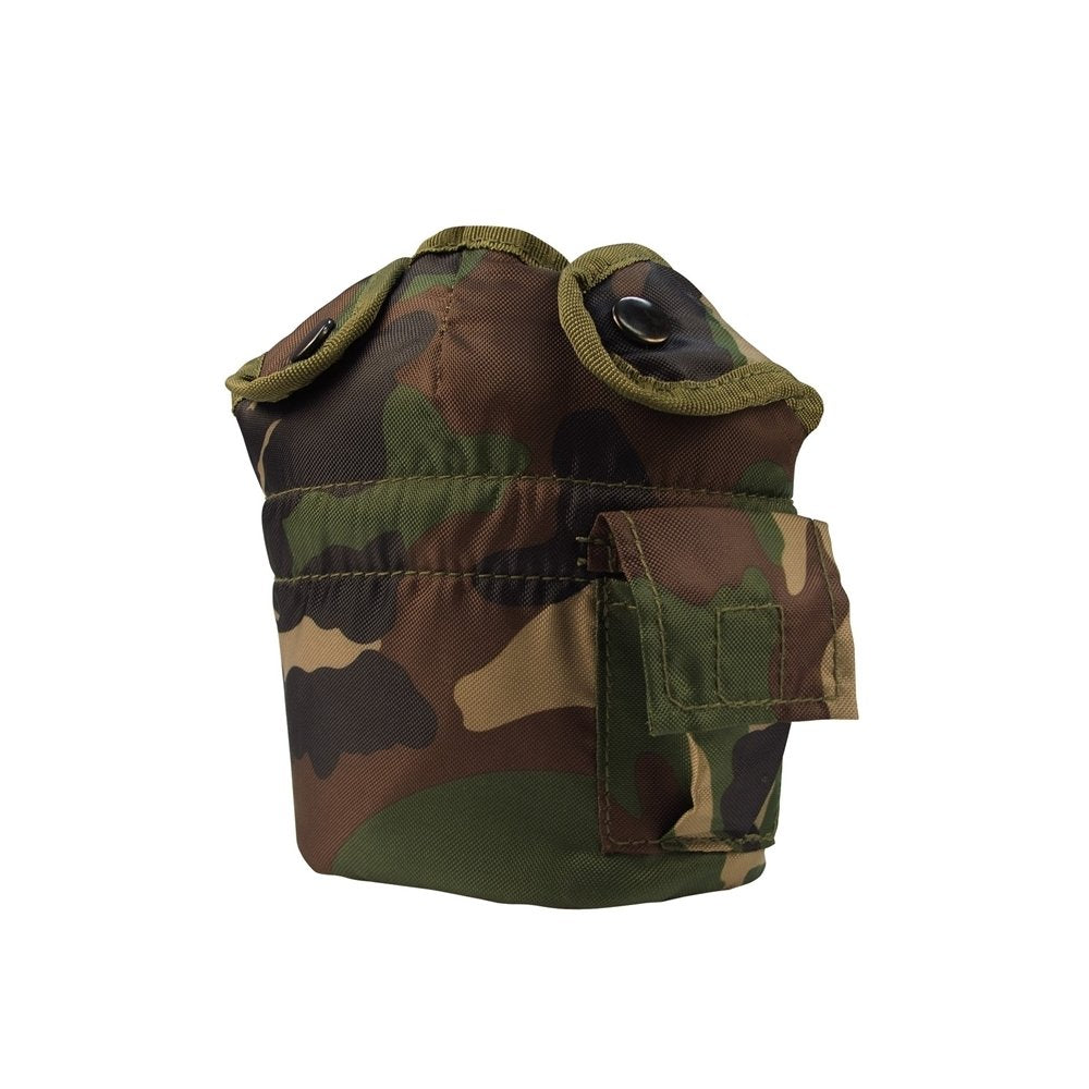 Rothco GI Style Canteen Cover in woodland camo keeps your 1-quart canteen protected outdoors.
