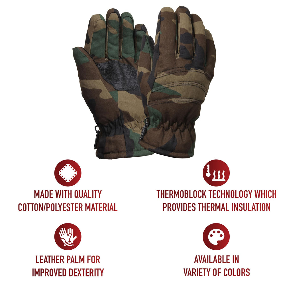 Rothco insulated hunting gloves in woodland camo, palm grip focus, cold-weather durability.