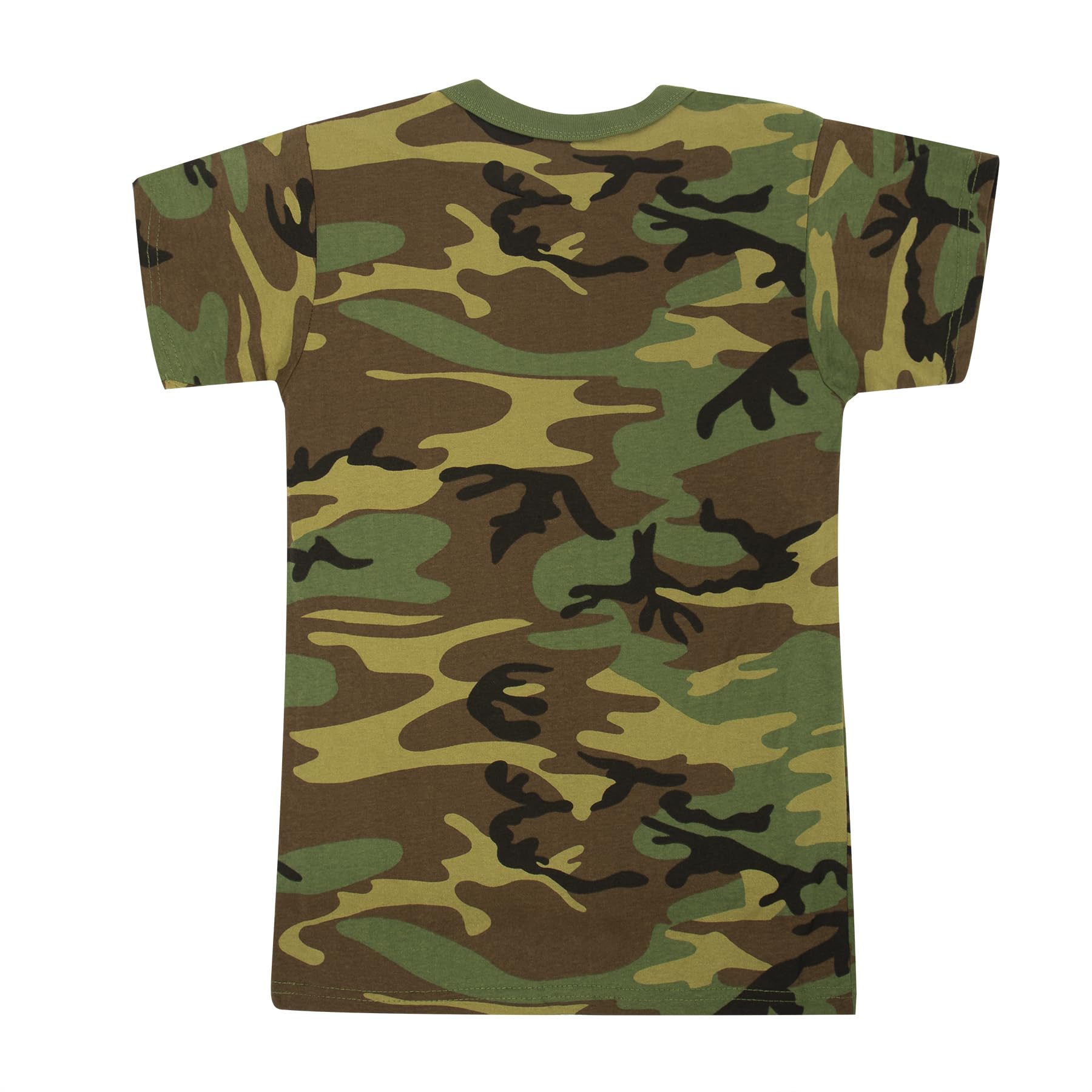 Rothco Kids Woodland Camo Heavyweight T-Shirt back view, rugged style for school and outdoor play.
