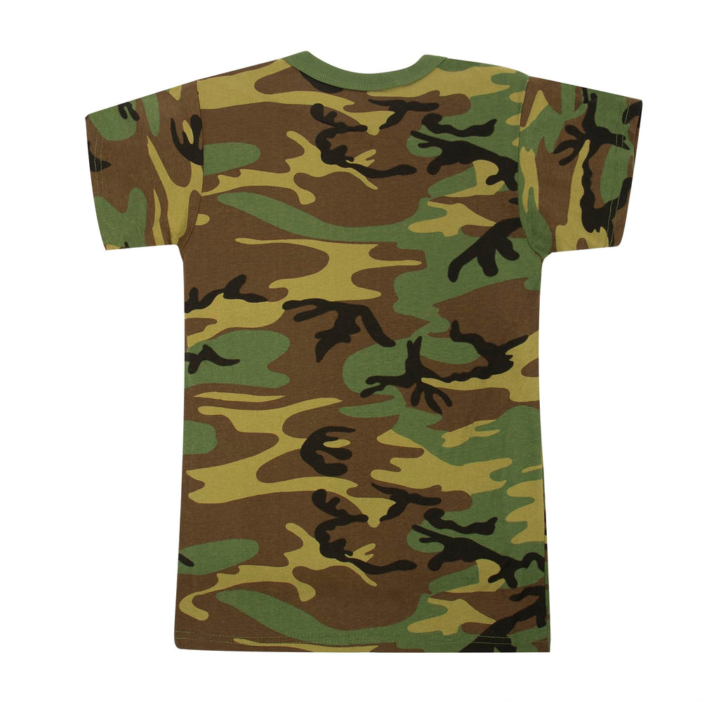 Rothco Kids Woodland Camo Heavyweight T-Shirt back view, rugged style for school and outdoor play.
