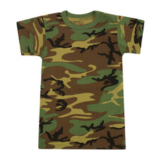Rothco kids woodland camo T shirt front view, durable everyday wear for active kids.