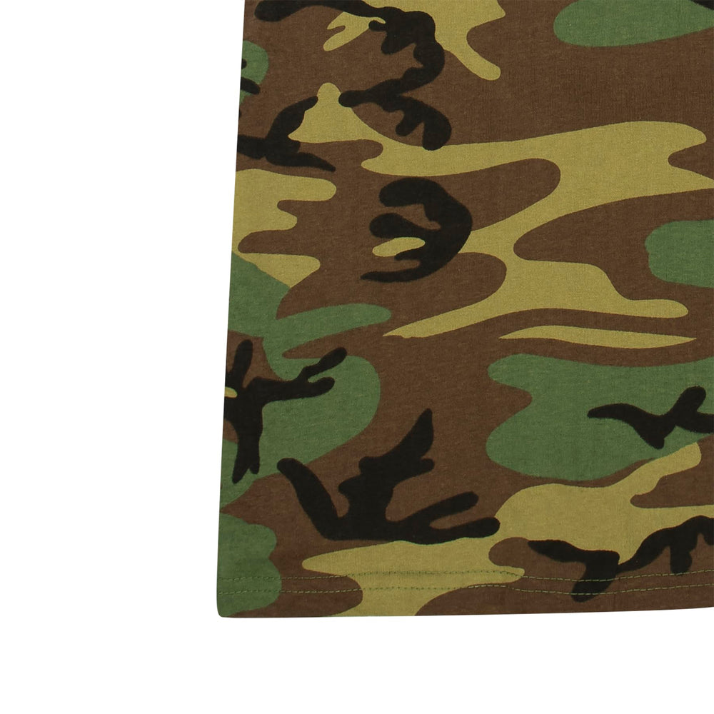 Rothco woodland camo T shirt neckline closeup illustrating comfortable seam.