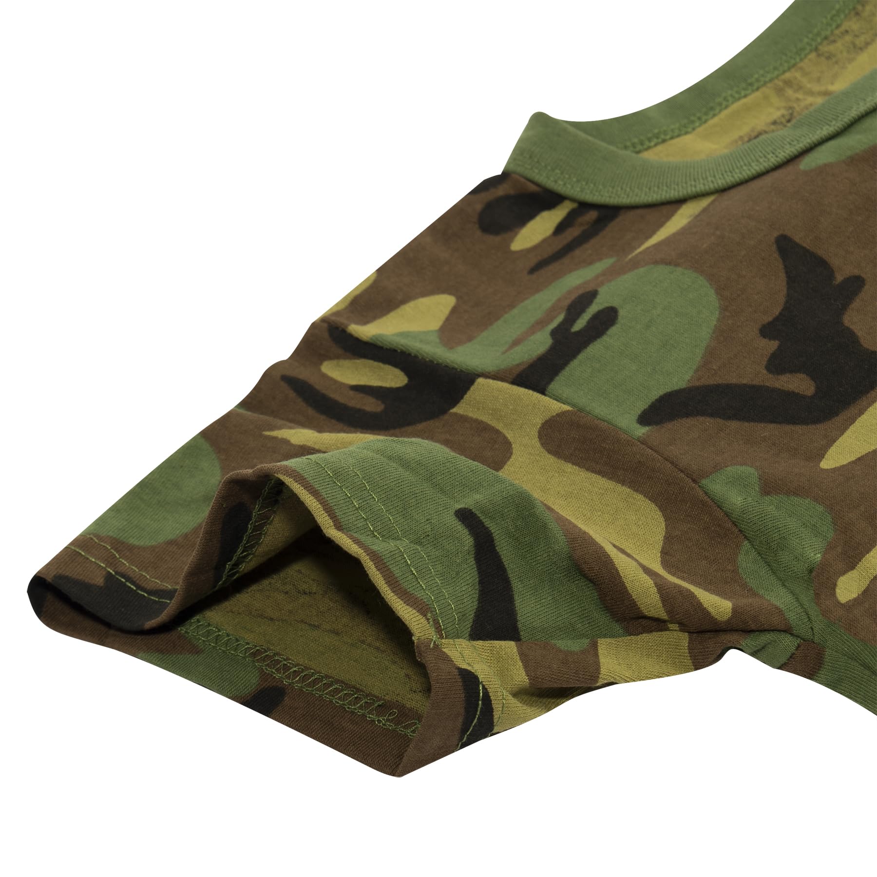 Rothco camo T shirt double needle stitching detail for durability.