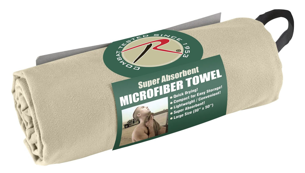 Rothco microfiber towel with snap hang strap for campsite drying