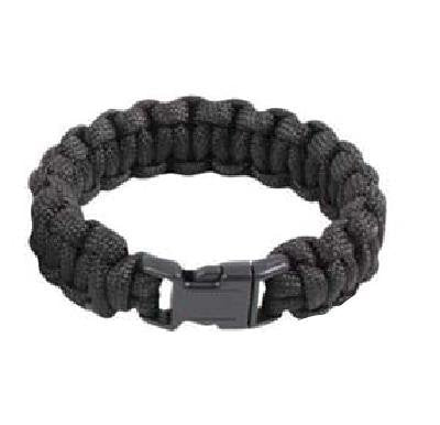 Rothco paracord bracelet black wrist view, versatile wearable emergency prep accessory.