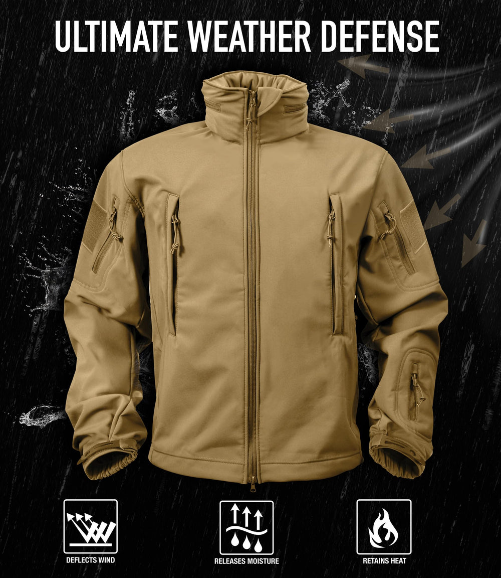 Rothco Soft Shell Jacket pocket layout highlights eight zip pockets for gear organization