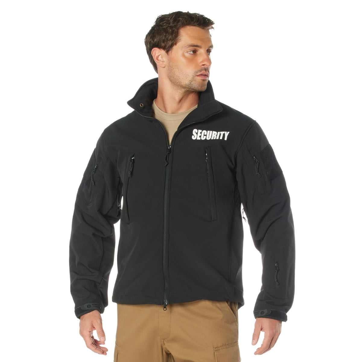 Rothco Spec Ops soft shell jacket in black, front view, all-weather protection
