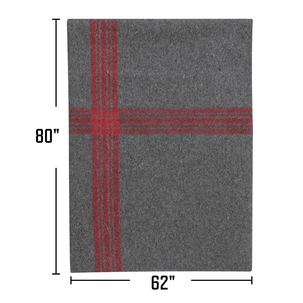 Rothco striped outdoor wool blanket draped beside a camp chair near a fire.
