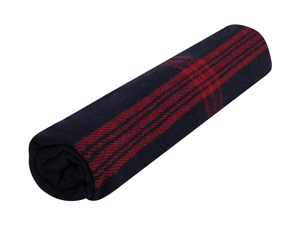 Rothco striped blanket camping-use beside tent at dusk