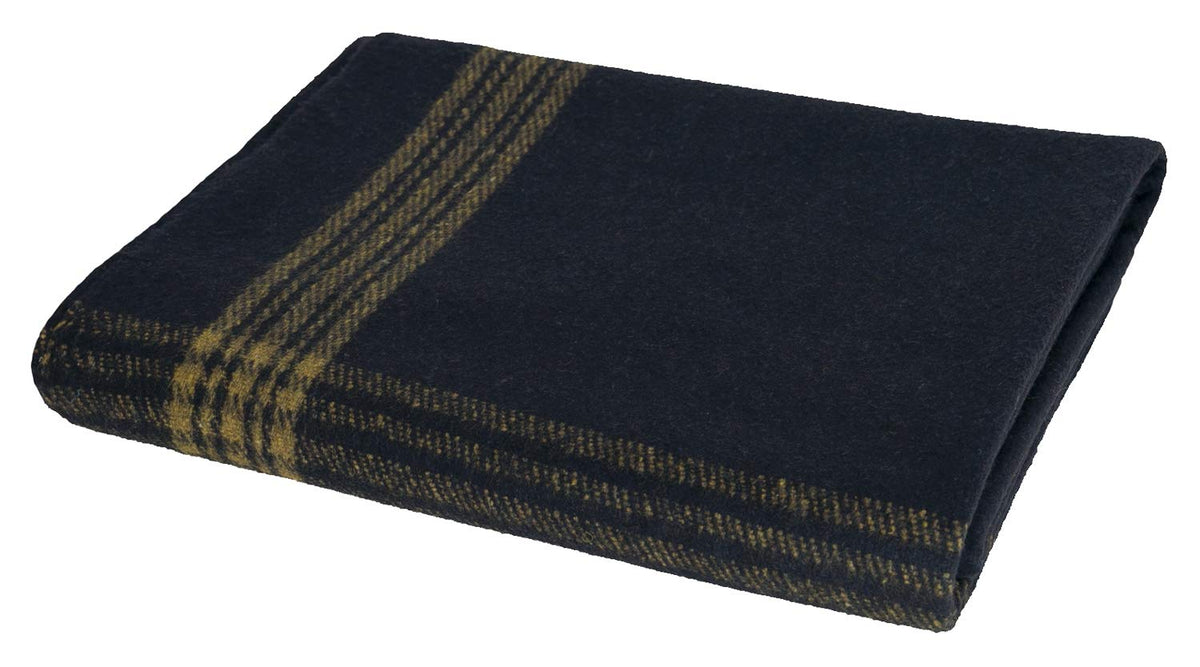 Rothco striped outdoor wool blanket folded for travel, offering reliable warmth on camping nights.