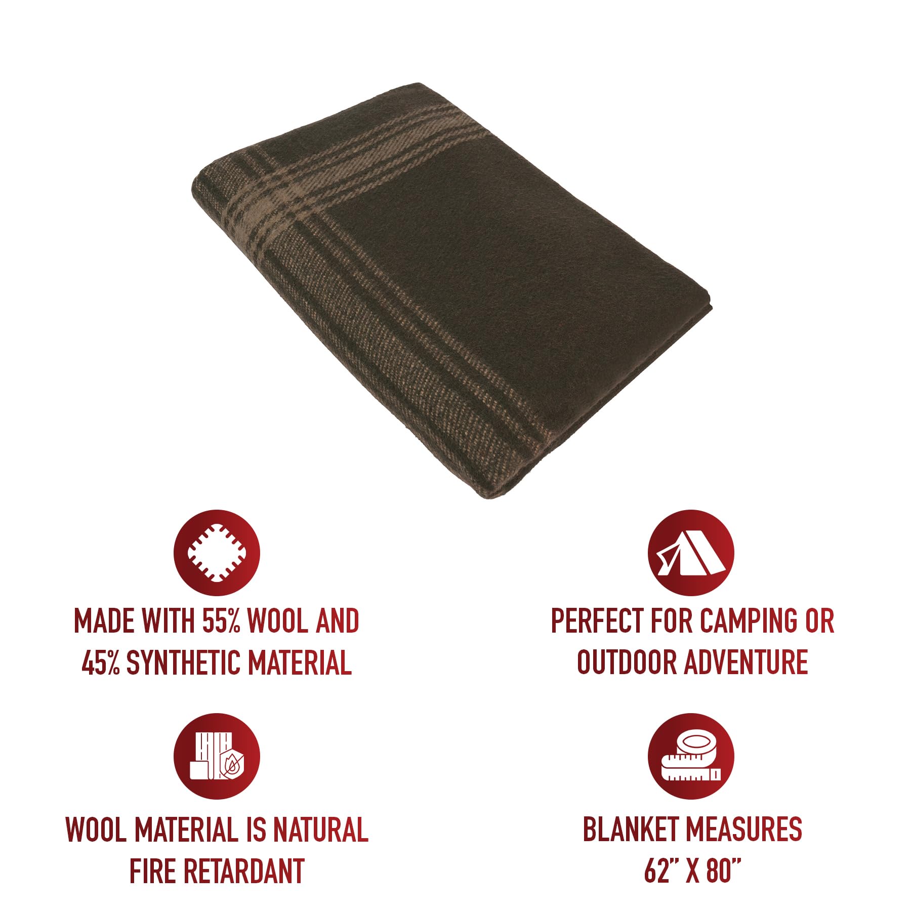 Rothco striped outdoor wool blanket packed for travel, emphasizing portability.