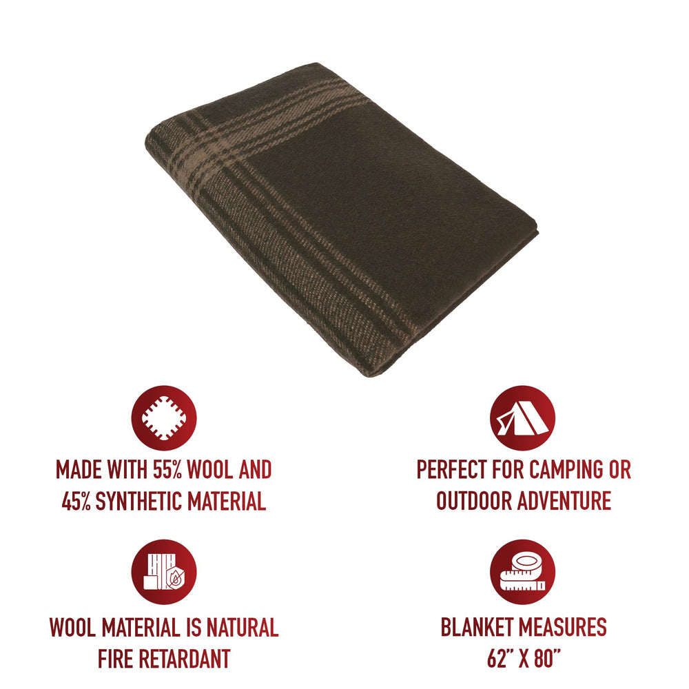 Rothco striped outdoor wool blanket packed for travel, emphasizing portability.