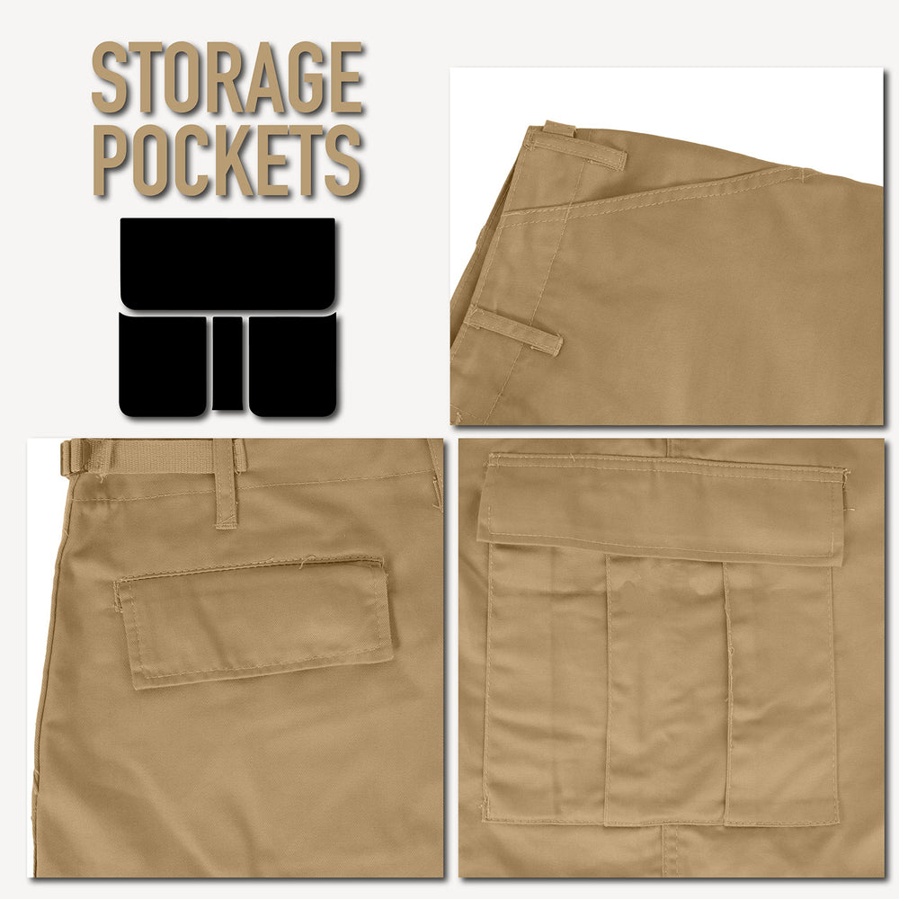Rothco Tactical BDU Shorts navy waistband close-up with button fly feature.