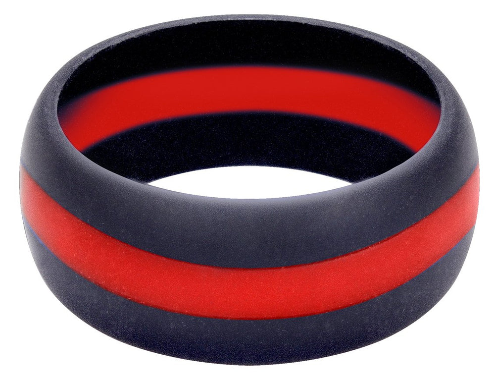 Rothco Thin Red Line silicone ring on hand, comfortable non-conductive safety for active professionals