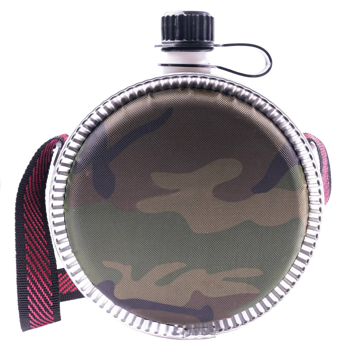 Rothco woodland camouflage mini desert canteen cap close-up, leak-proof for outdoor use