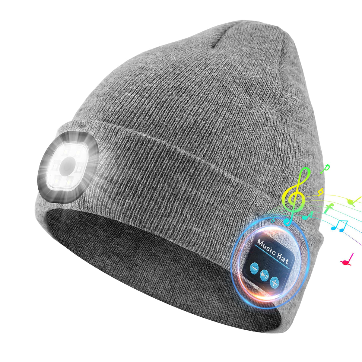 Rotibox Bluetooth Beanie with Light front view showing LED headlamp