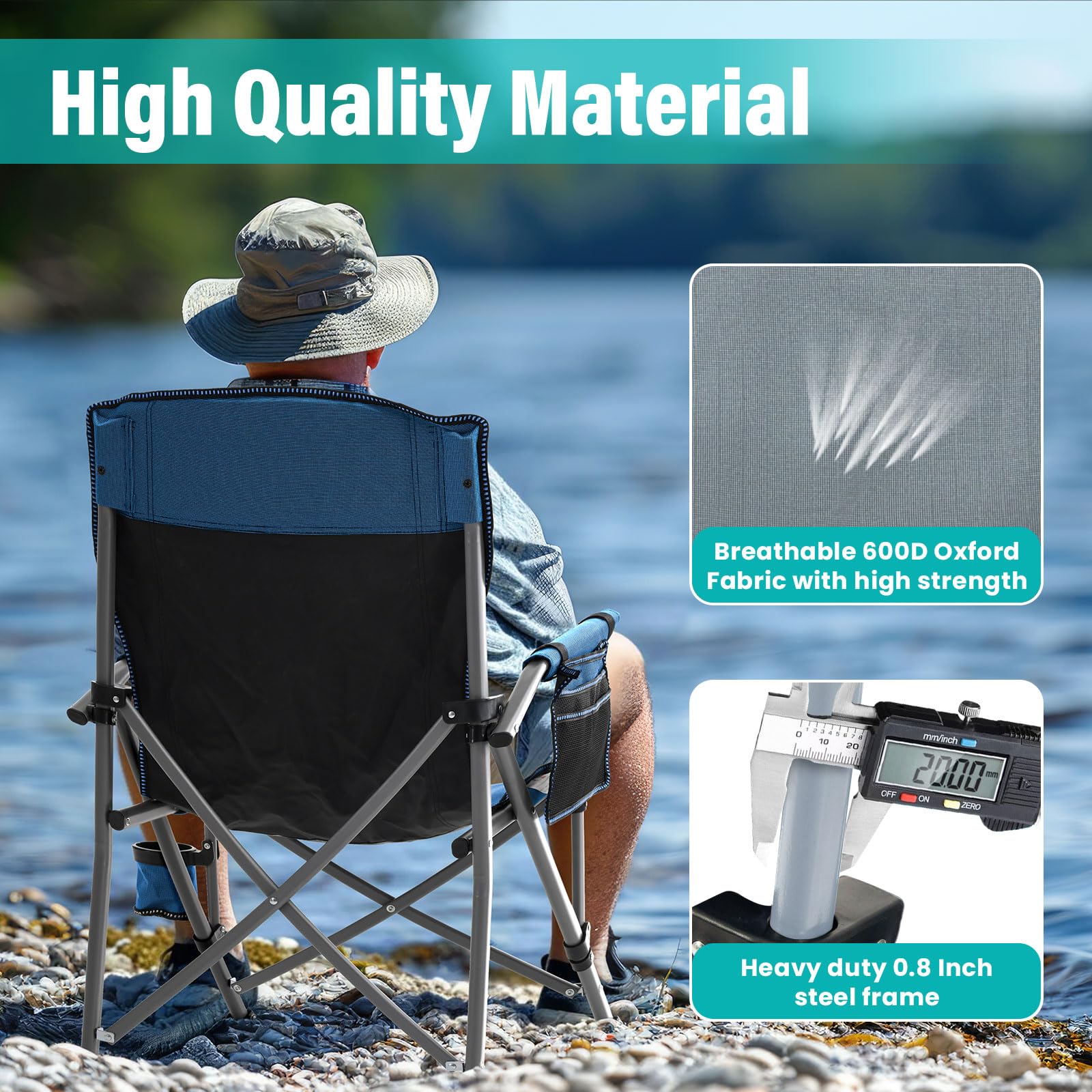 Rotinyard chair blue with built-in cup holder for beverages.