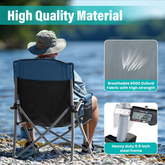 Rotinyard chair blue with built-in cup holder for beverages.