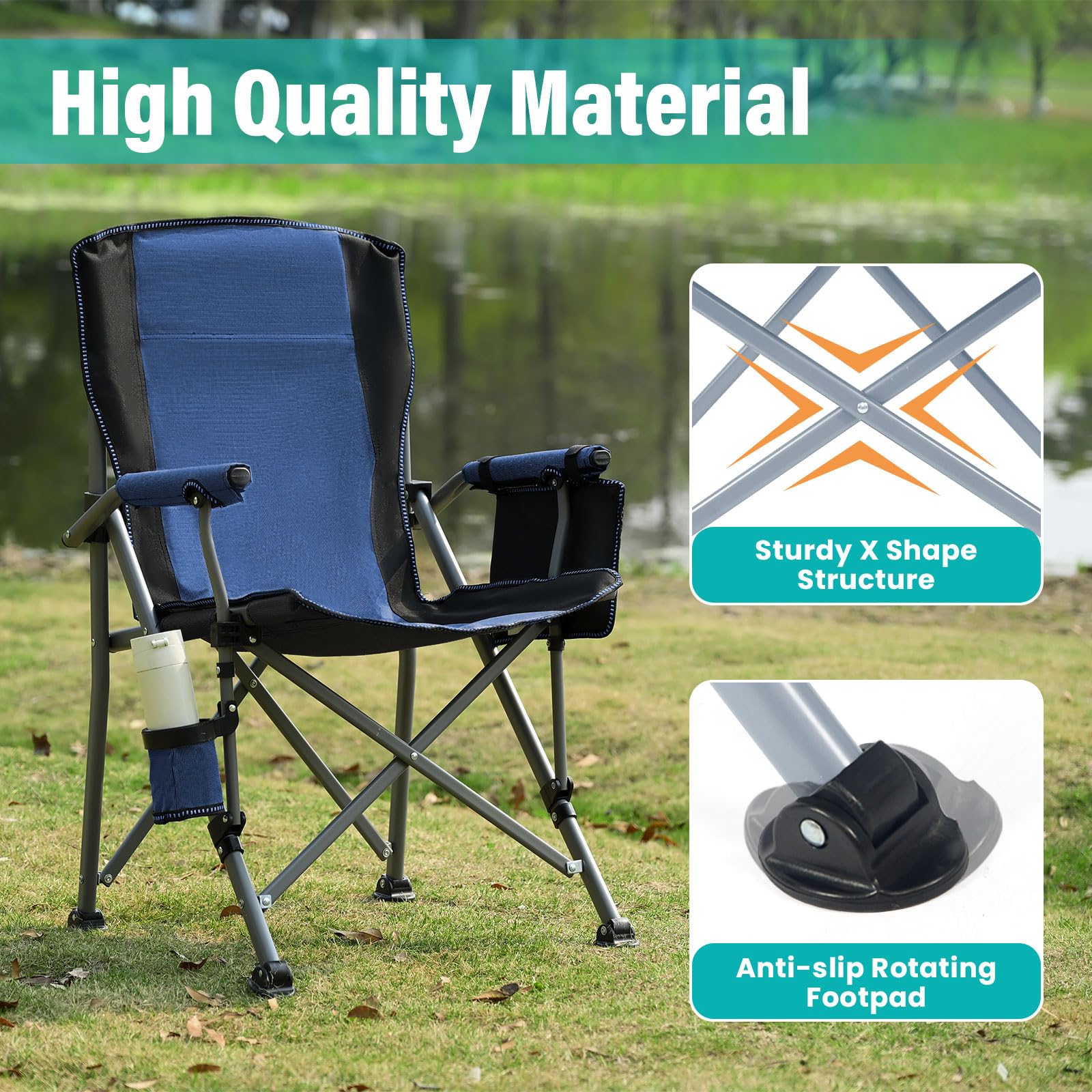 Rotinyard chair blue folded with carry bag for travel.