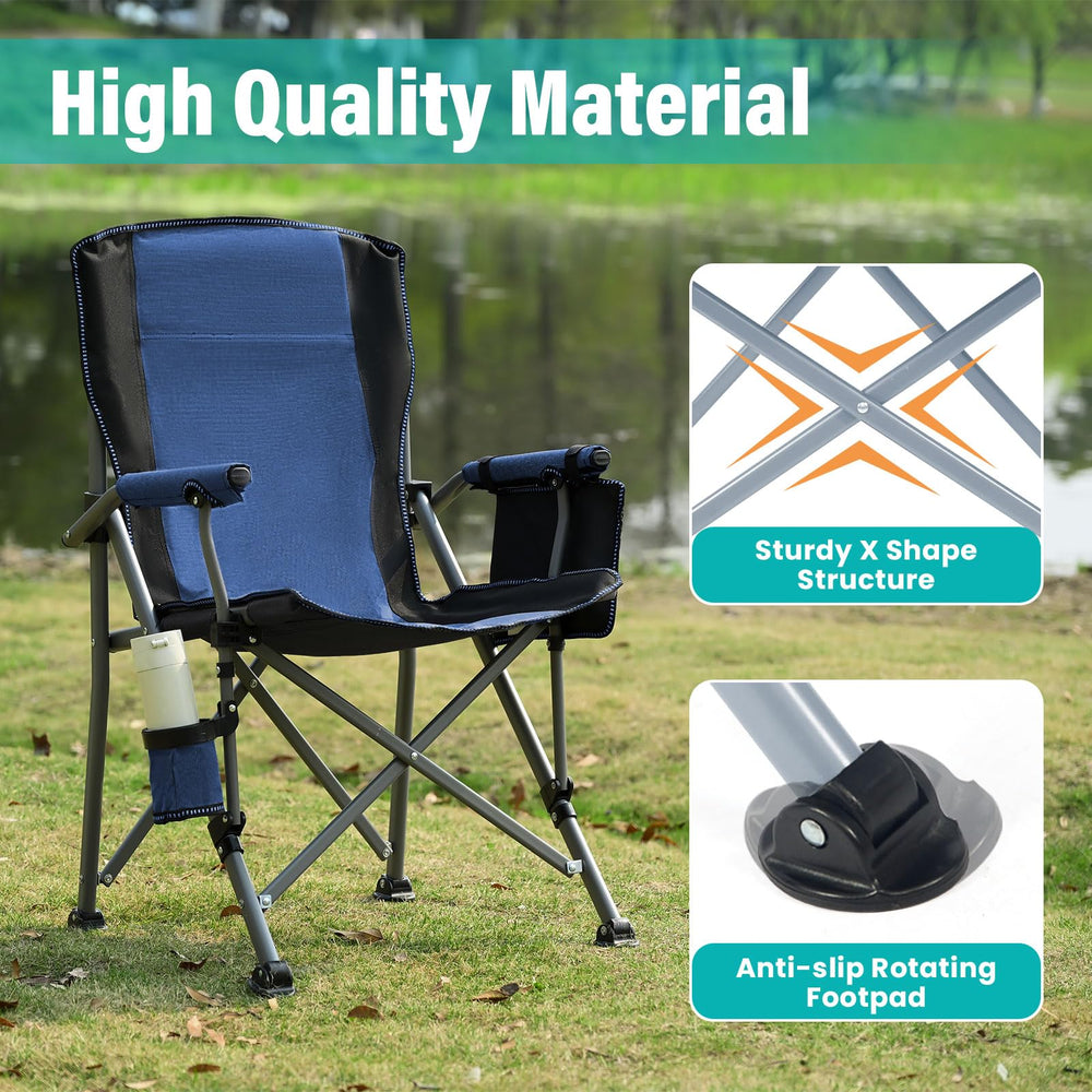 Rotinyard chair blue folded with carry bag for travel.