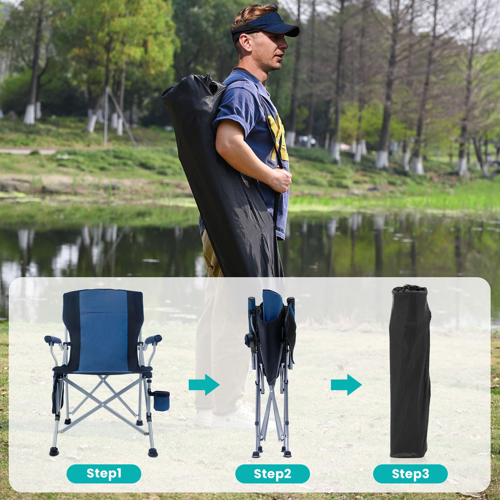 Rotinyard chair blue with side storage bag for easy item access.