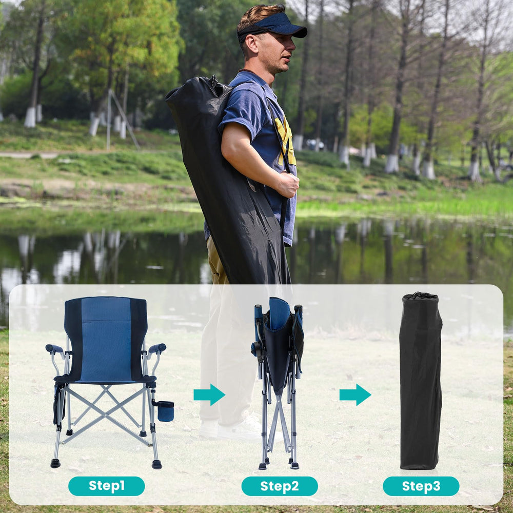 Rotinyard chair blue with side storage bag for easy item access.