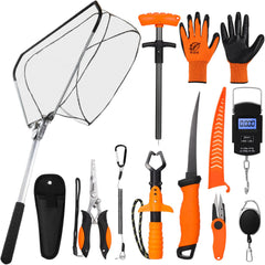RoundFunny 10-piece fishing tool kit pliers with lanyard and sheath in orange