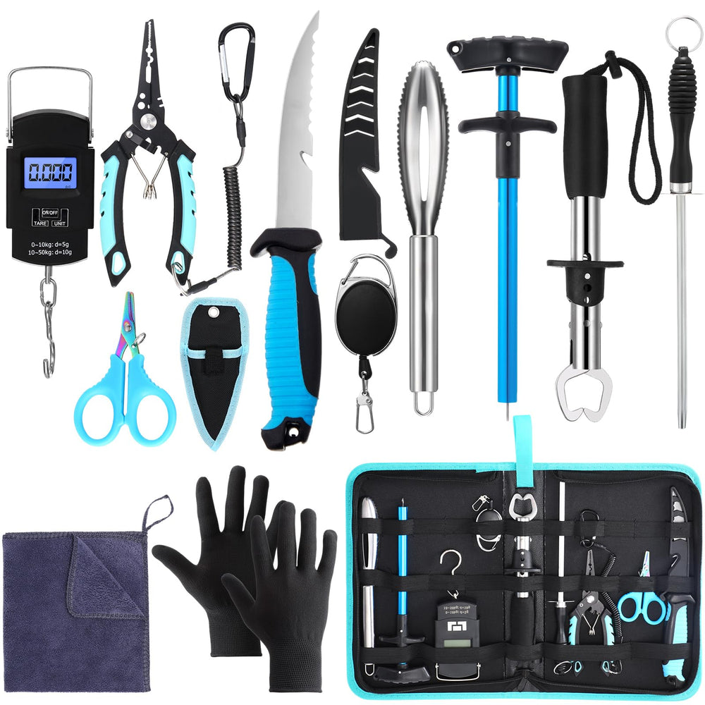RoundFunny 14-pcs fishing tool kit image highlights organized carry and quick access on fishing trips.