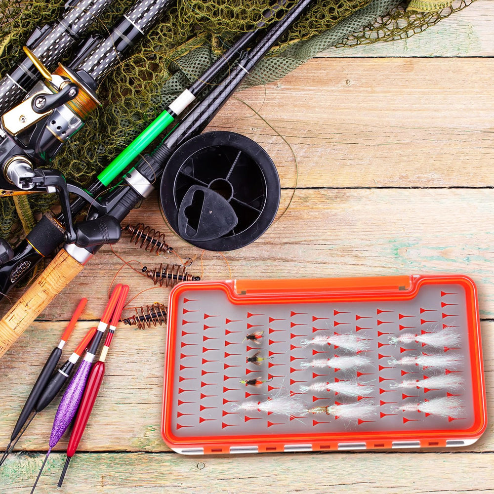 Open gray waterproof fly boxes with clear lid