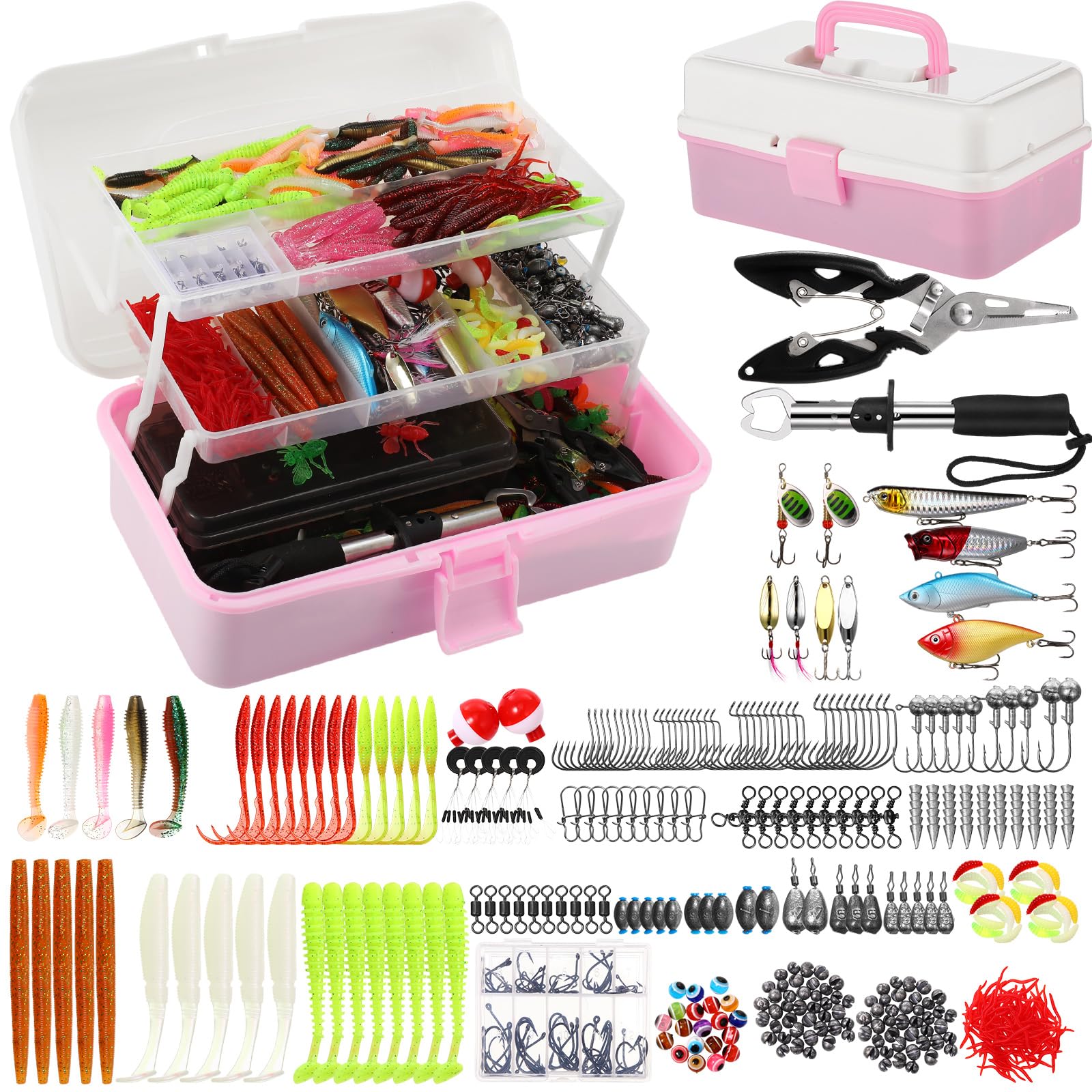 RoundFunny 517pc tackle box pink white with lures for organized fishing trips.