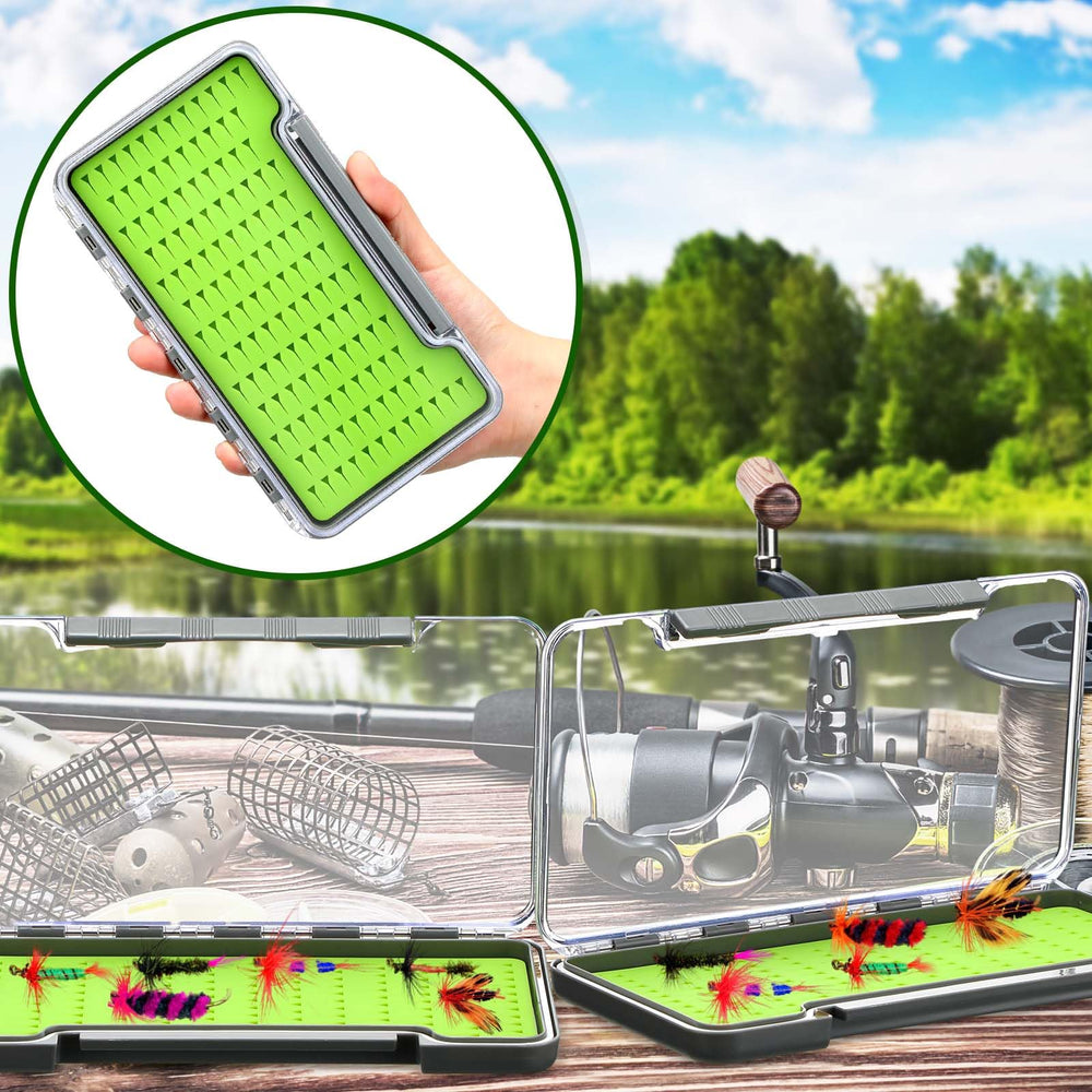 RoundFunny fly box with clear lid providing easy visibility of contents.