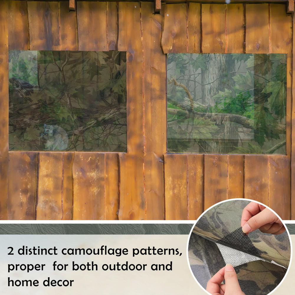 RoundFunny hunting blind window camo installation demonstrates tool-free, adhesive mounting on glass.