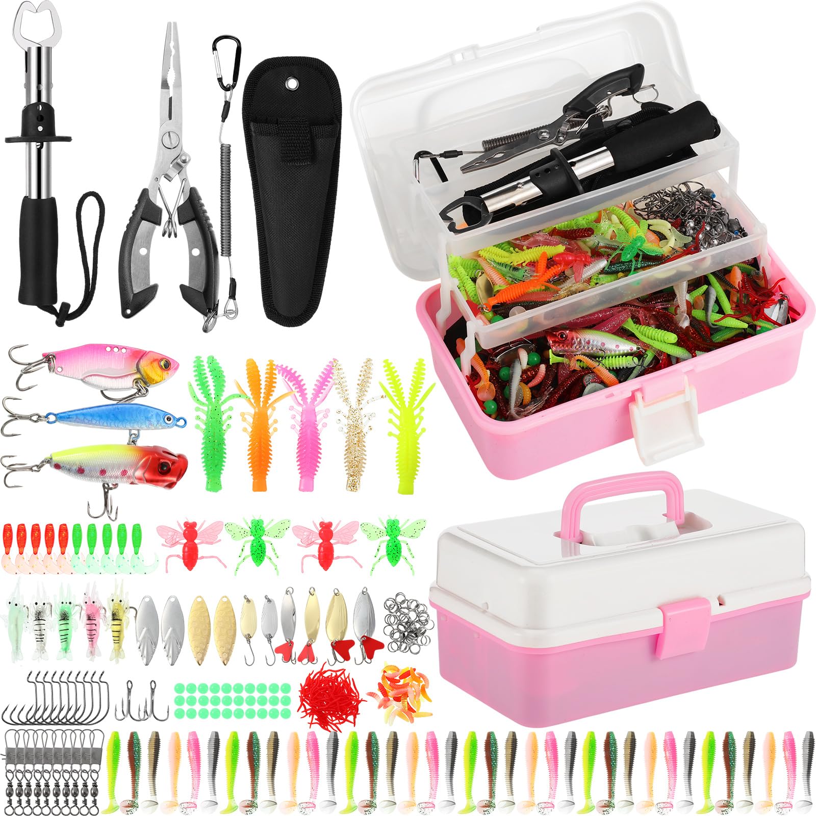 RoundFunny pink 3-layer tackle box showing organized storage for lures and tools.