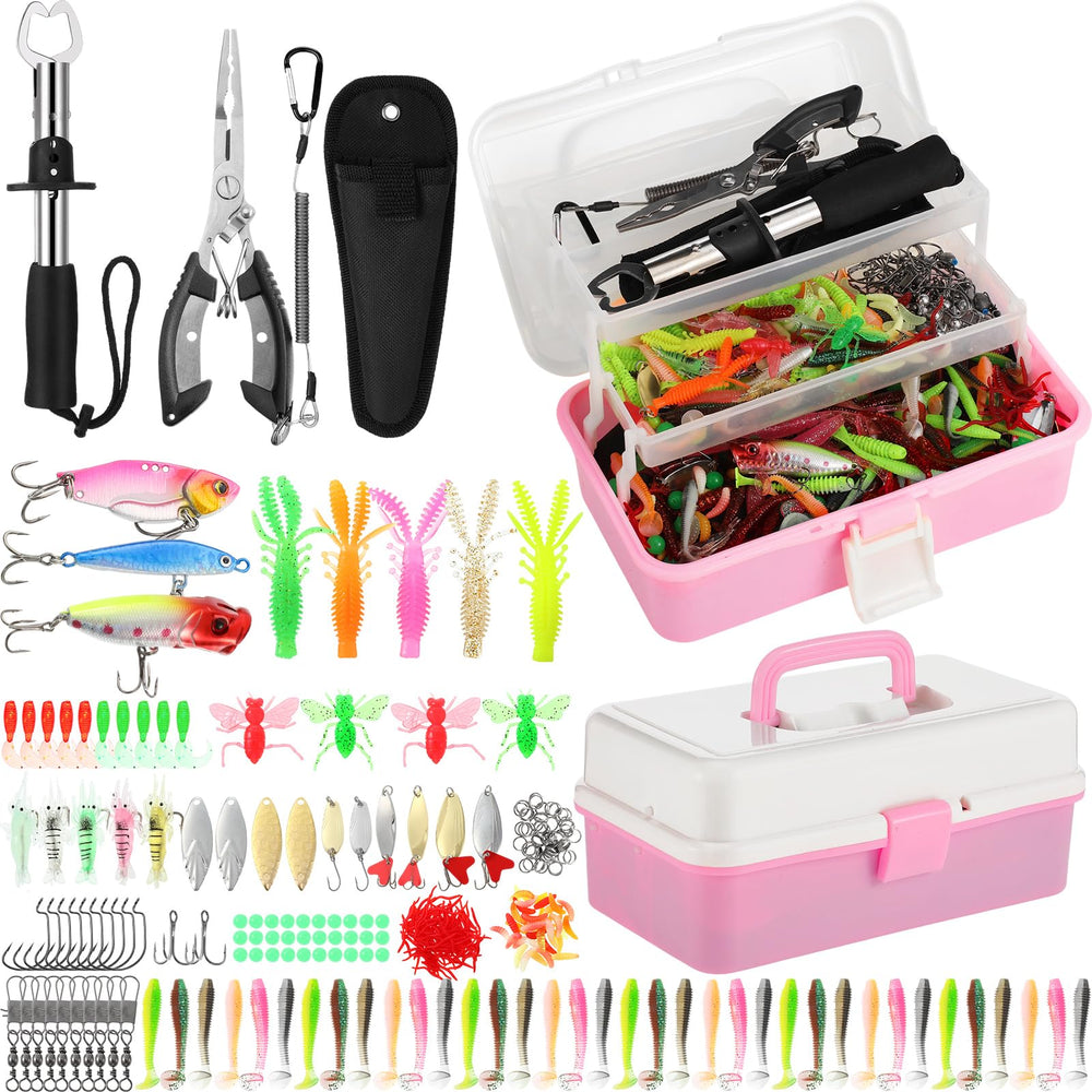 RoundFunny pink 3-layer tackle box showing organized storage for lures and tools.