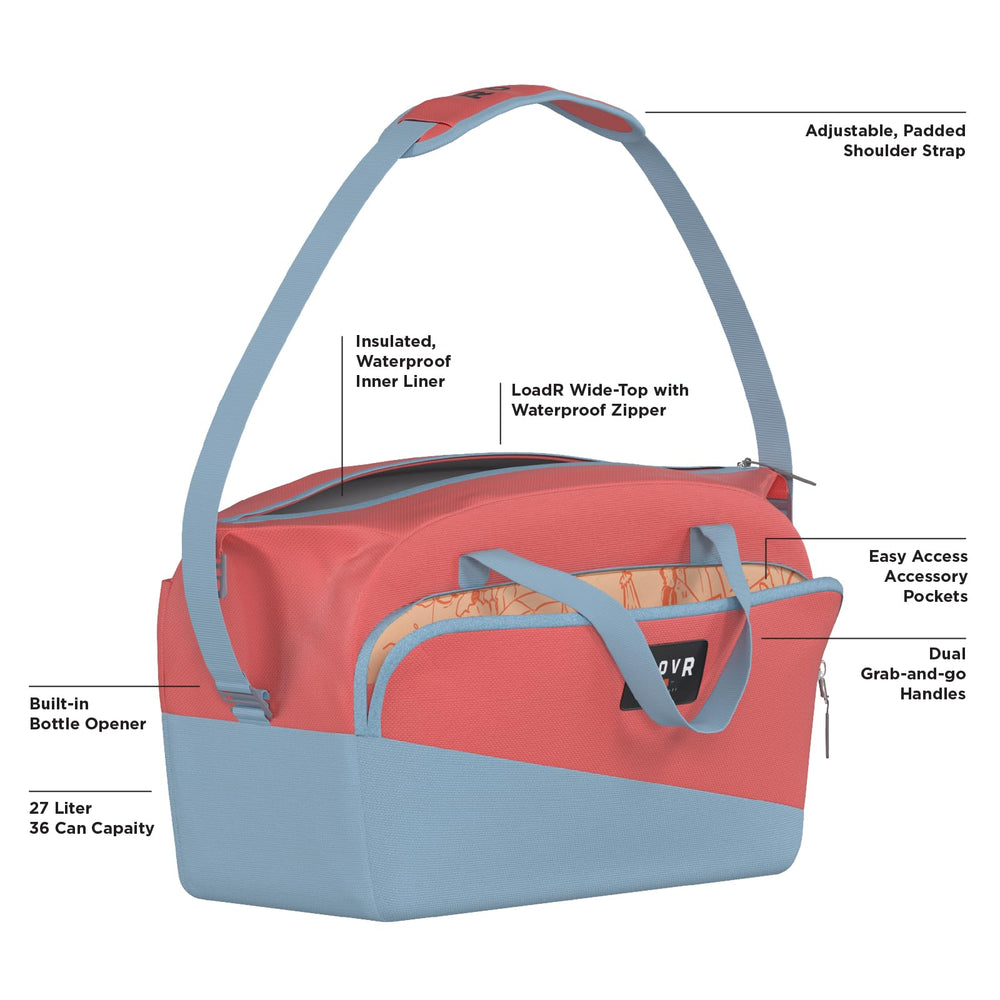 ROVR TravelR 36-can soft cooler duffel coral in-use on beach day