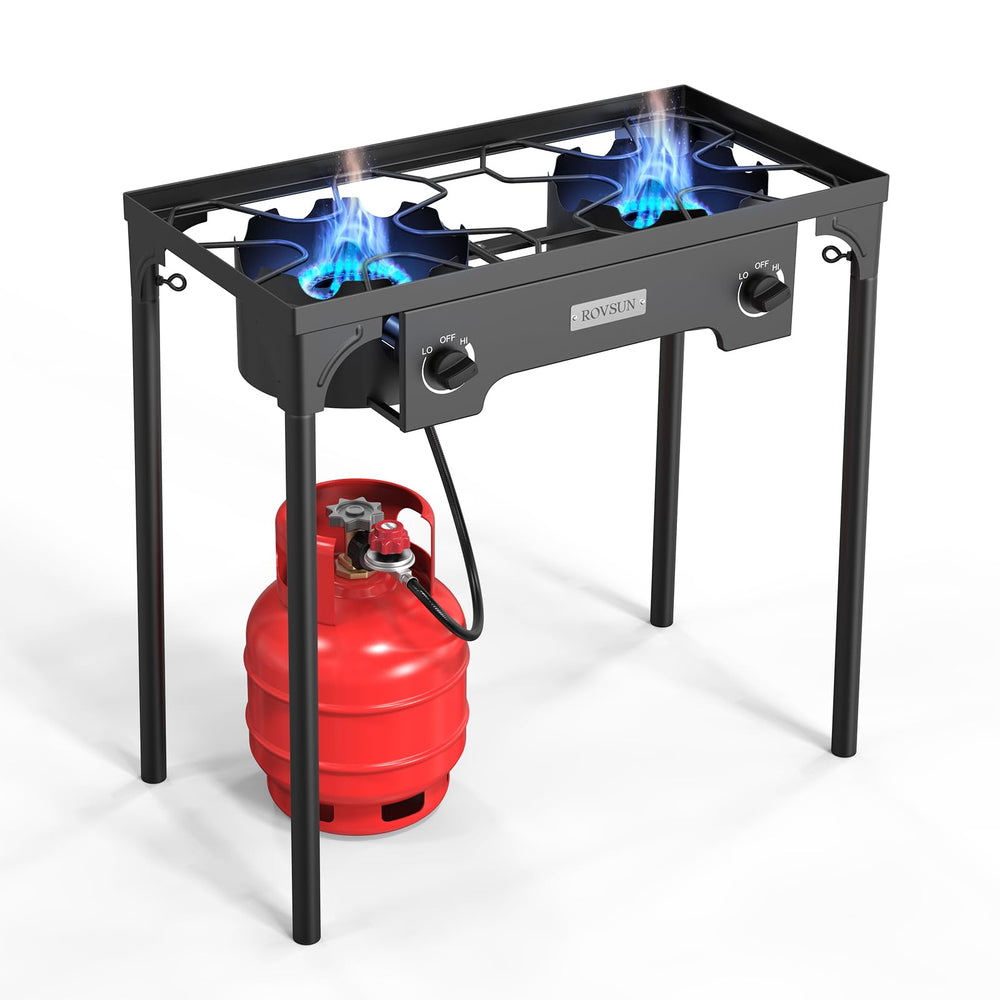 ROVSUN 2-burner stove front view shows dual heat zones for outdoor cooking