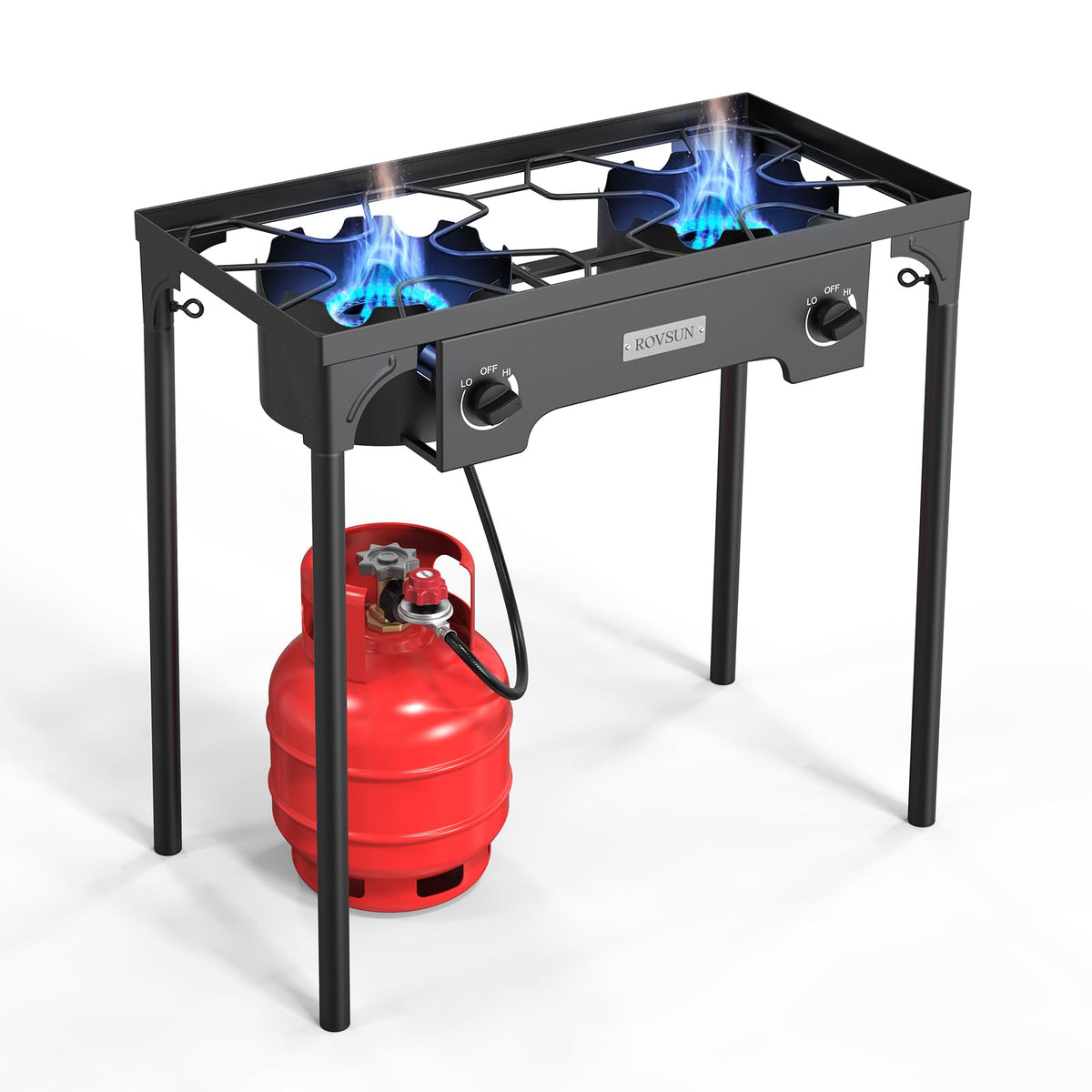 ROVSUN 2-burner stove front view shows dual heat zones for outdoor cooking