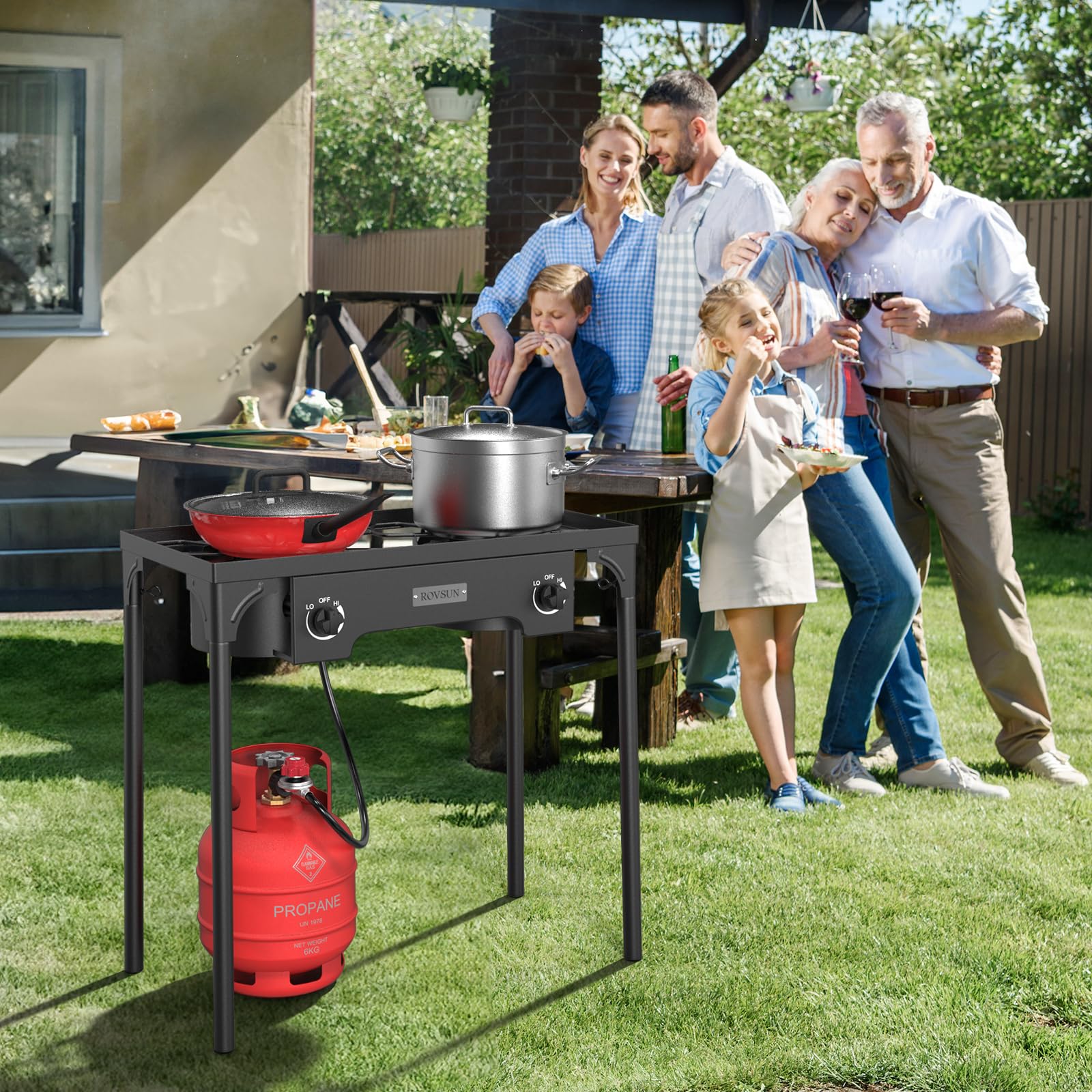 ROVSUN stove side view highlights compact portability for camping and tailgating
